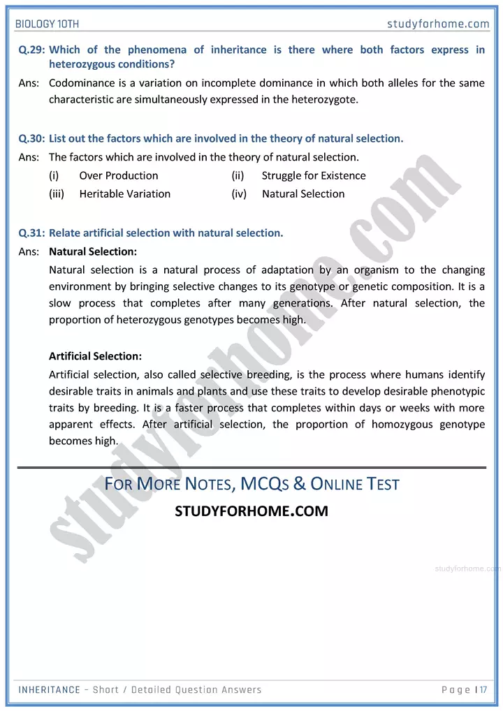 inheritance short and detailed question answers biology class 10th sindh board 17