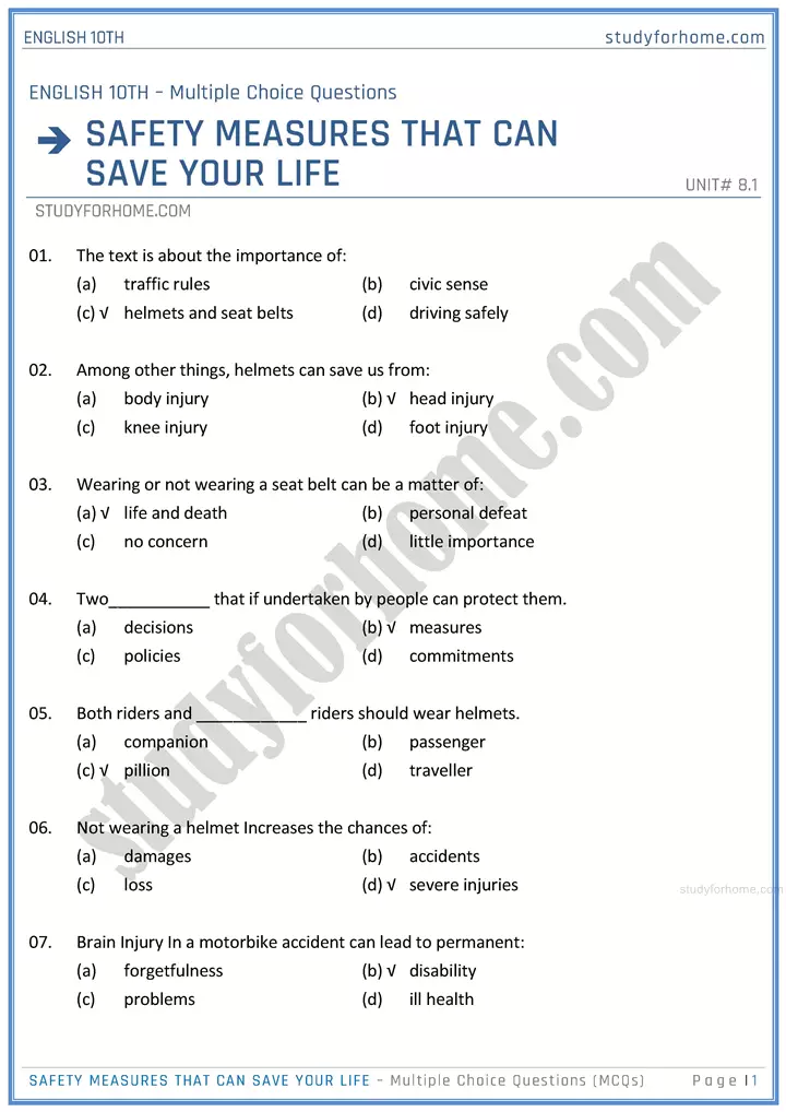 safety-measures-that-can-save-your-life-multiple-choice-questions-unit-8-1-english-class-10th-sindh-board