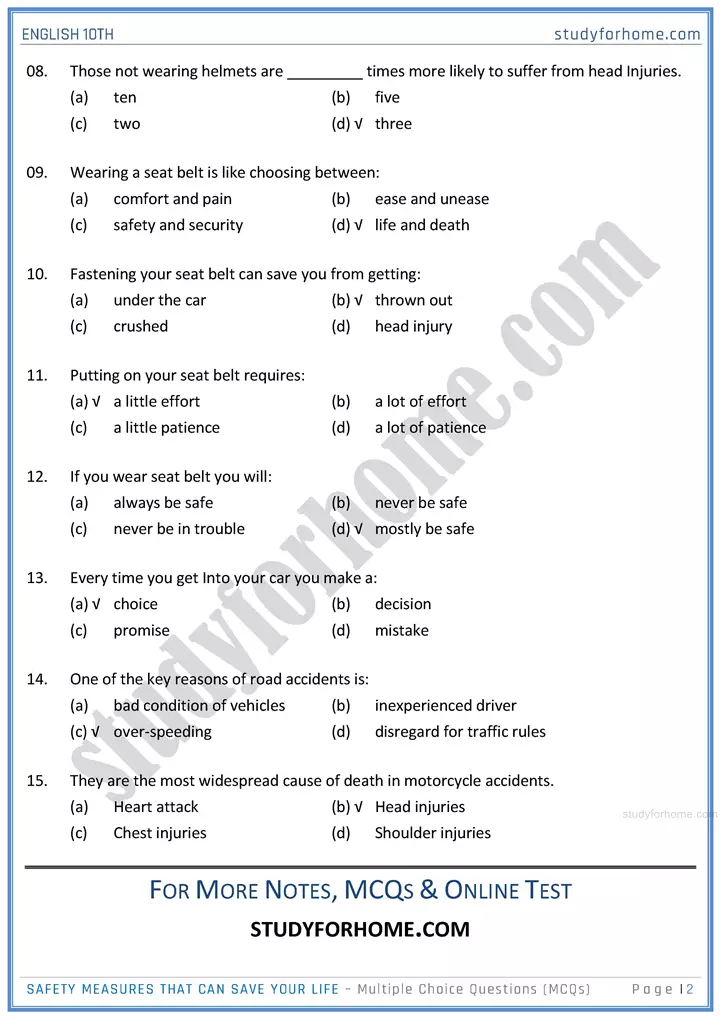 safety measures that can save your life multiple choice questions unit 8 1 english class 10th sindh board 02