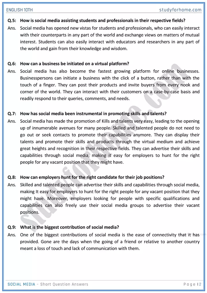 social media short question answers unit 4 1 english class 10th sindh board 02