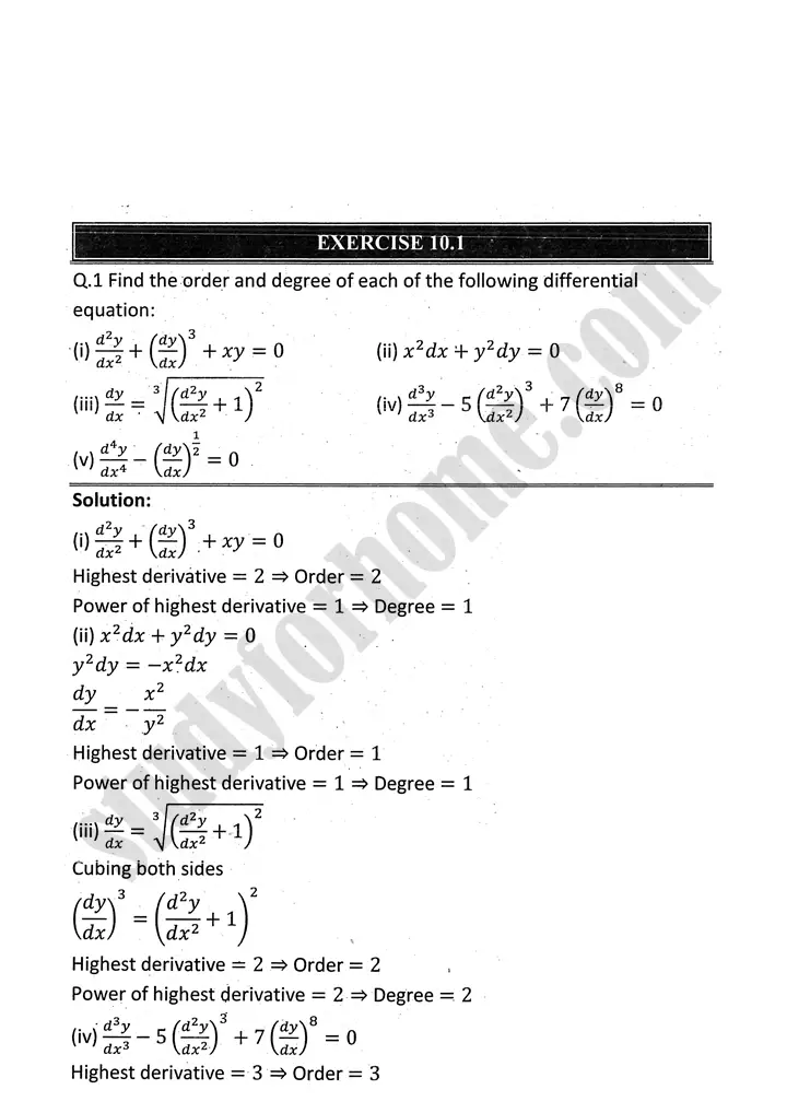 differential equations exercise 10 1 mathematics 12th sindh board 01