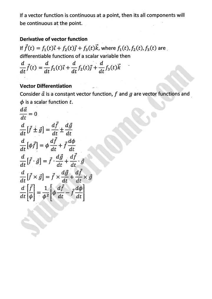 differentiation of vector functions definition and formulae mathematics 12th sindh board 03