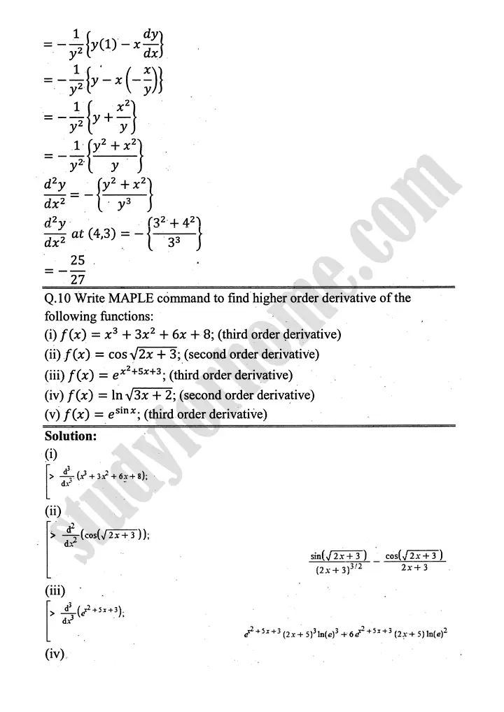 higher order derivatives and applications exercise 4 1 mathematics 12th sindh board 12