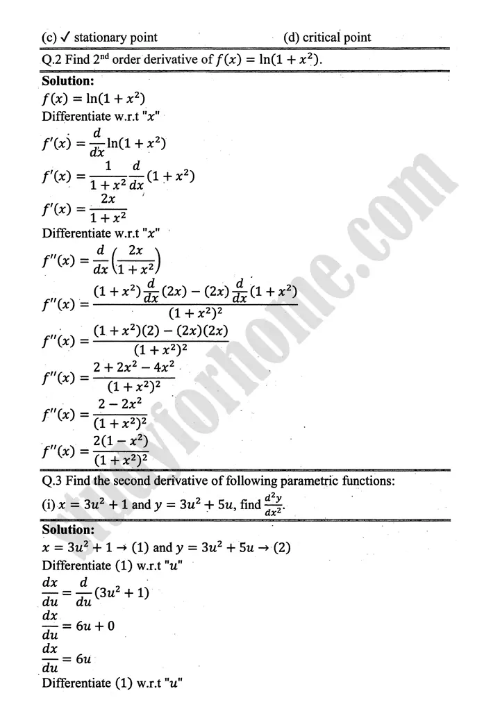 higher order derivatives and applications review exercise 4 mathematics 12th sindh board 02