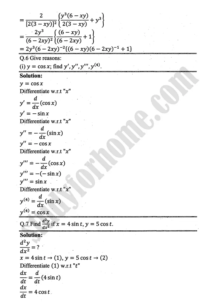 higher order derivatives and applications review exercise 4 mathematics 12th sindh board 10