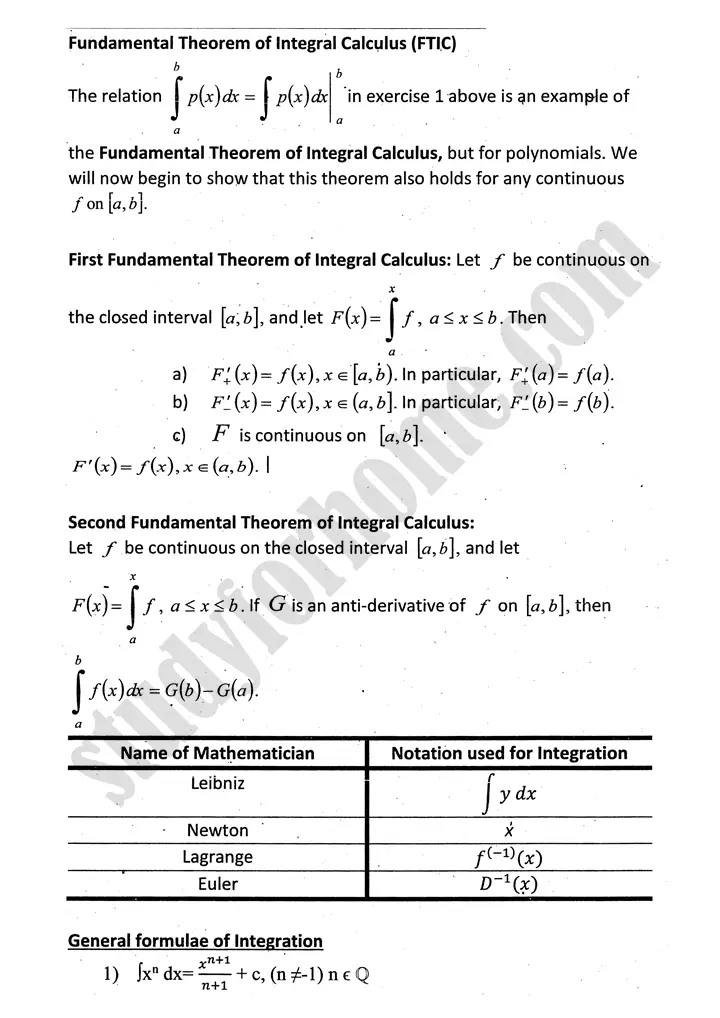 integration definition and formulae mathematics 12th sindh board 04