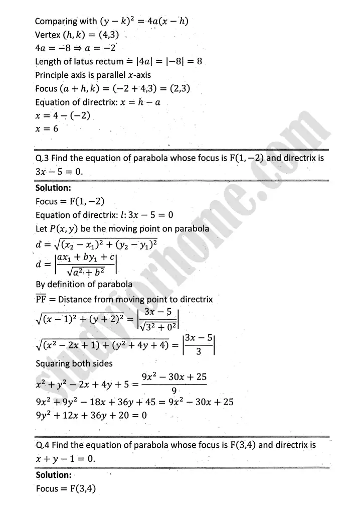parabola ellipse and hyperbola exercise 9 1 mathematics 12th sindh board 09