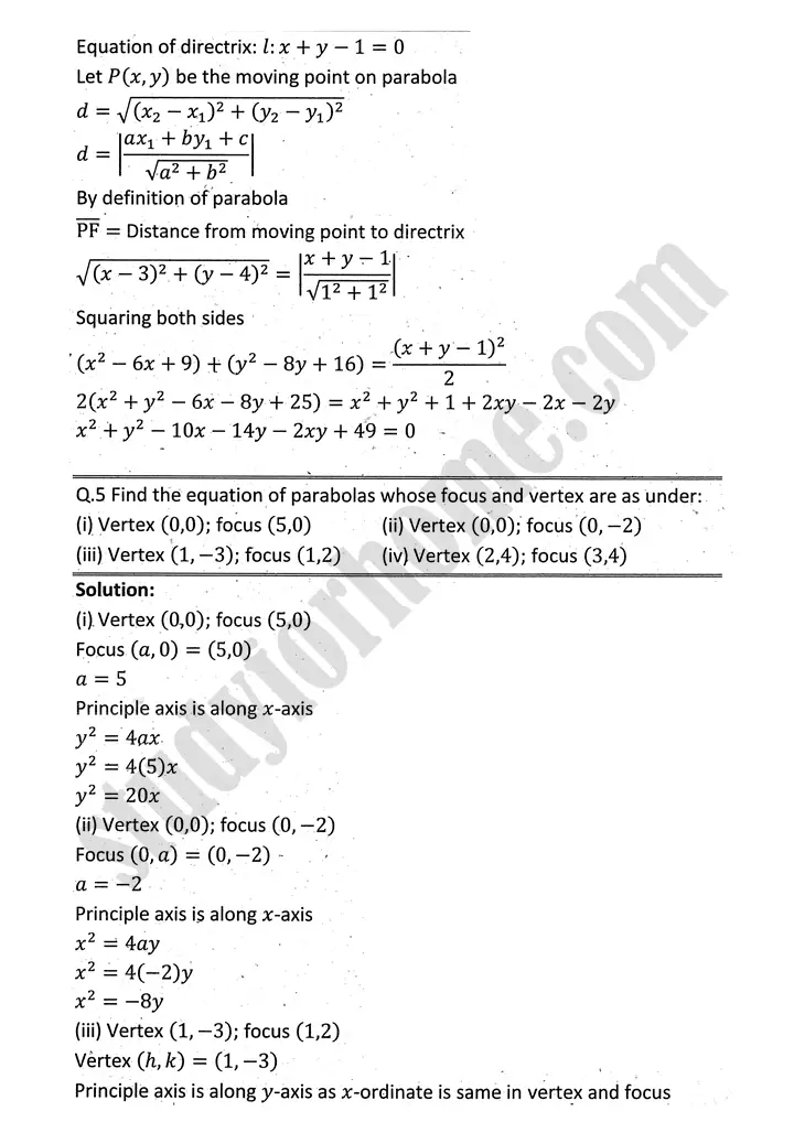 parabola ellipse and hyperbola exercise 9 1 mathematics 12th sindh board 10
