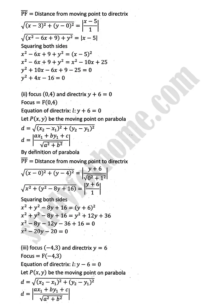 parabola ellipse and hyperbola exercise 9 1 mathematics 12th sindh board 12