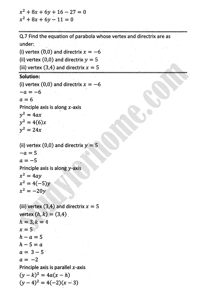 parabola ellipse and hyperbola exercise 9 1 mathematics 12th sindh board 14