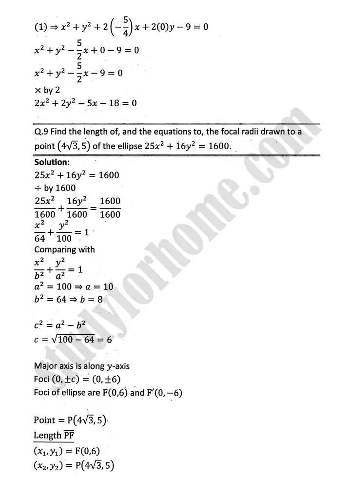 parabola ellipse and hyperbola exercise 9 3 mathematics 12th sindh board 20