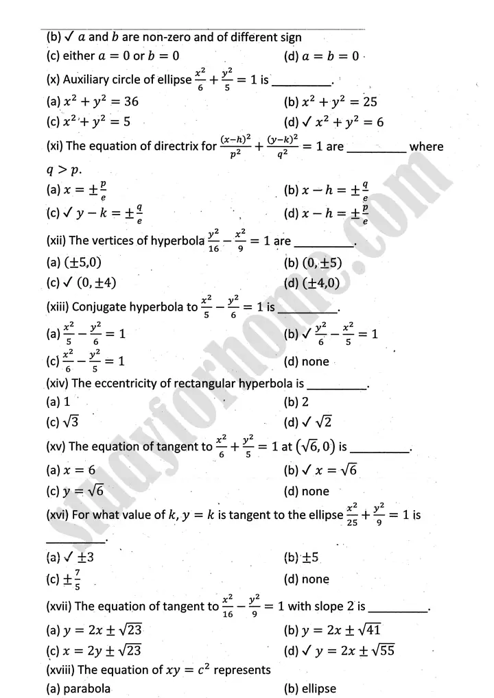 parabola ellipse and hyperbola review exercise 9 mathematics 12th sindh board 02