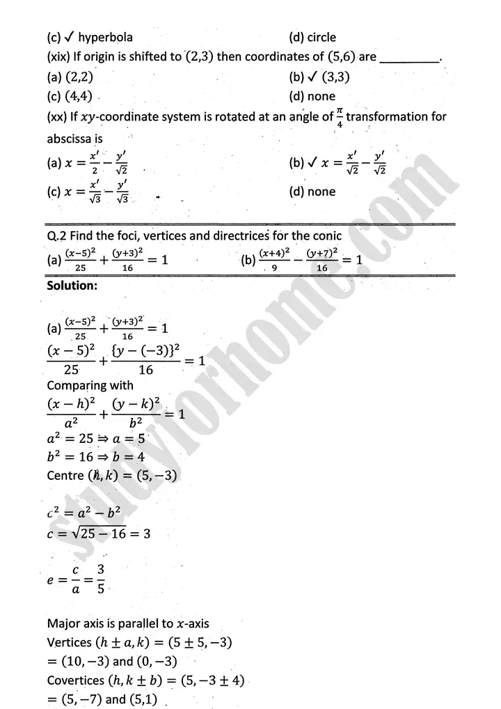parabola ellipse and hyperbola review exercise 9 mathematics 12th sindh board 03