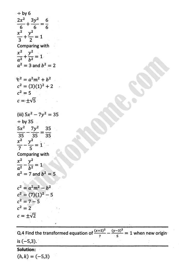 parabola ellipse and hyperbola review exercise 9 mathematics 12th sindh board 07