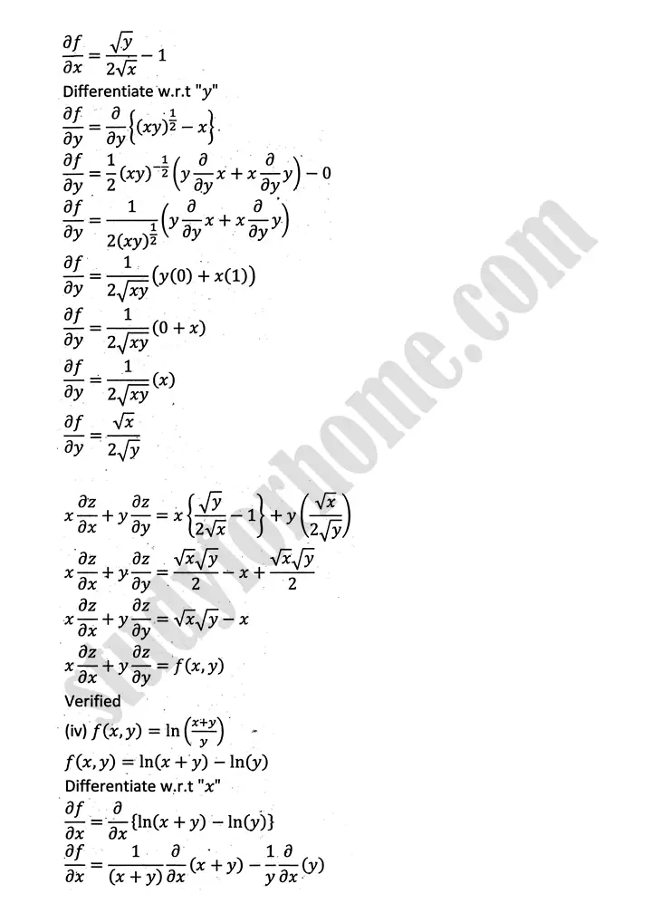 partial differentiation exercise 11 mathematics 12th sindh board 10