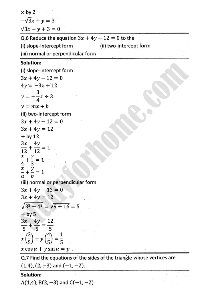 plane analytic geometry straight line exercise 7 3 mathematics 12th sindh board 07