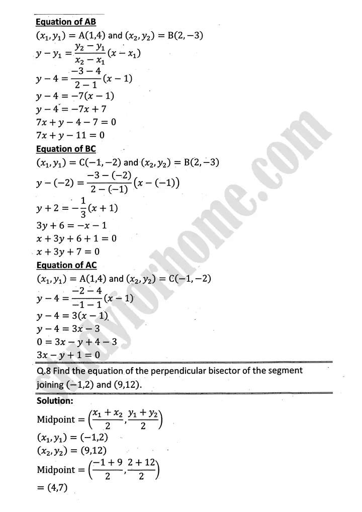 plane analytic geometry straight line exercise 7 3 mathematics 12th sindh board 08