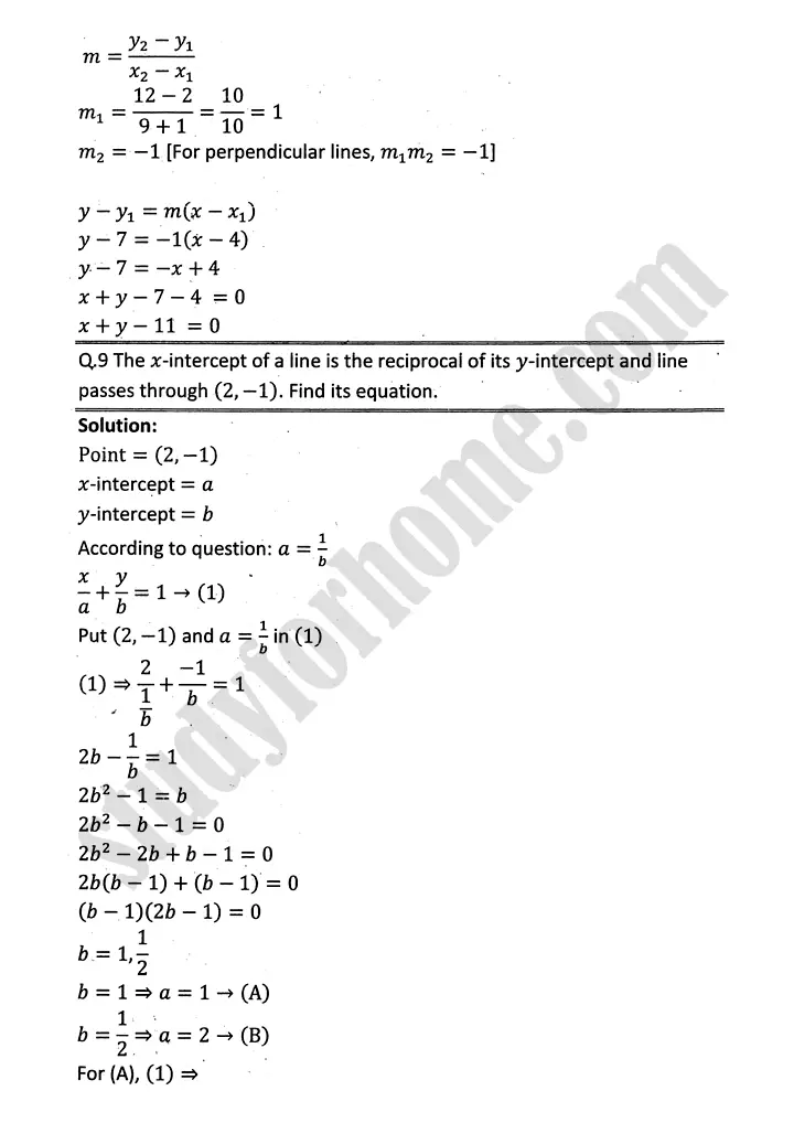 plane analytic geometry straight line exercise 7 3 mathematics 12th sindh board 09