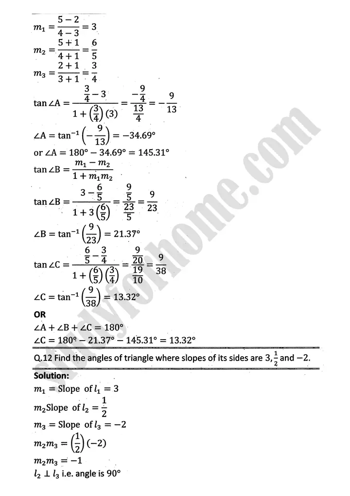plane analytic geometry straight line exercise 7 5 mathematics 12th sindh board 13
