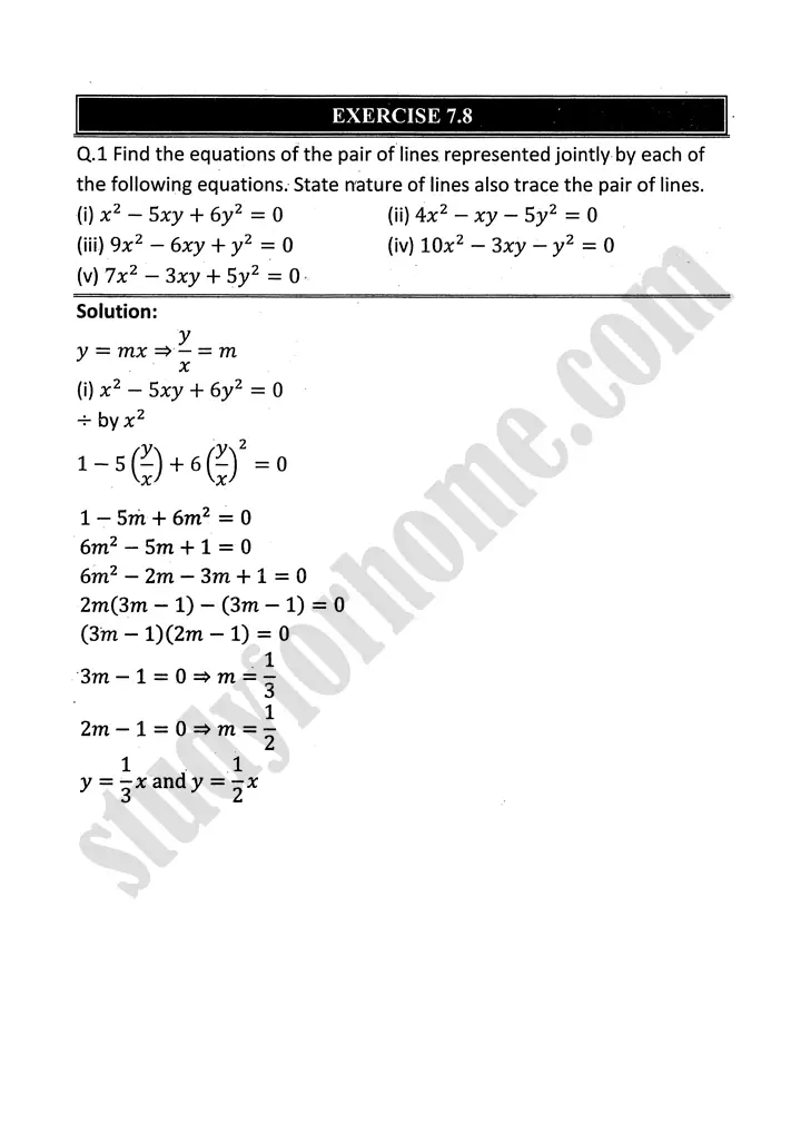 plane analytic geometry straight line exercise 7 8 mathematics 12th sindh board 01