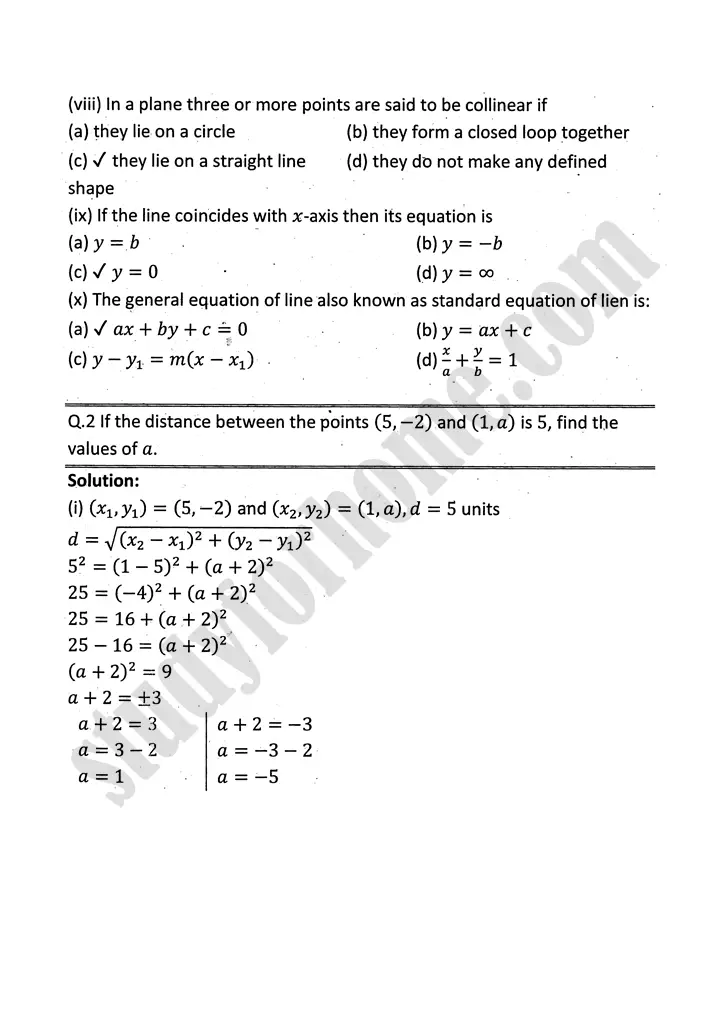 plane analytic geometry straight line review exercise 7 mathematics 12th sindh board 02
