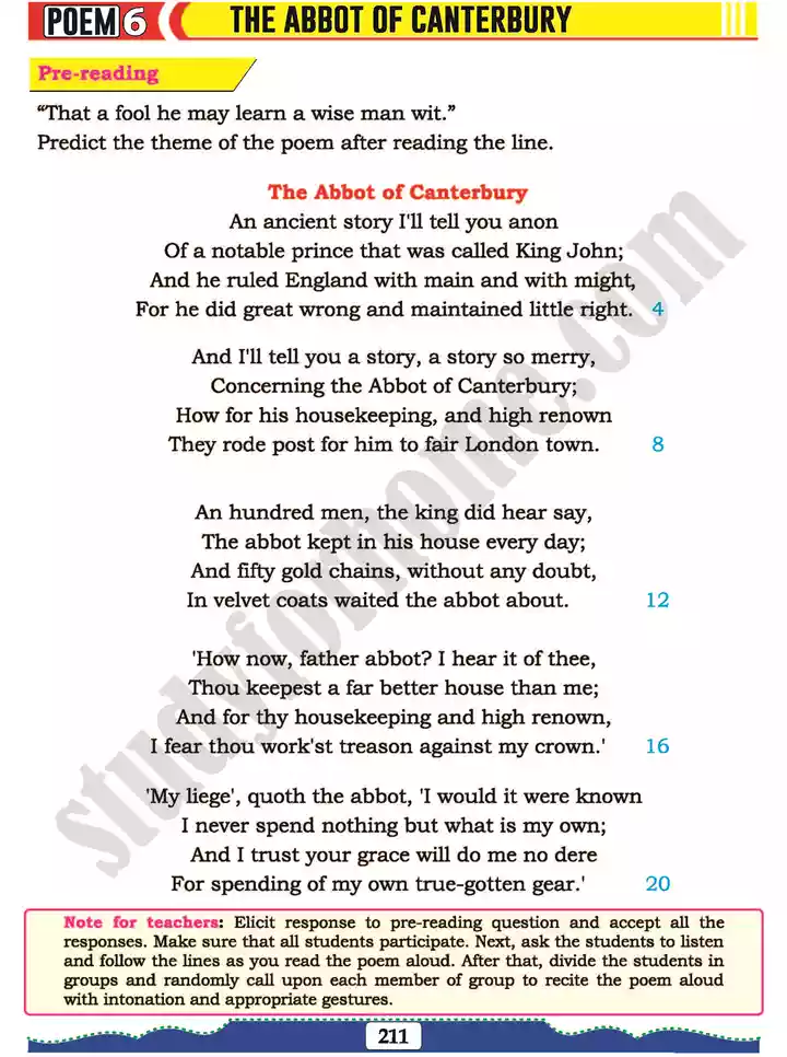 poem 6 the abbot of canterbury english 11th text book 02